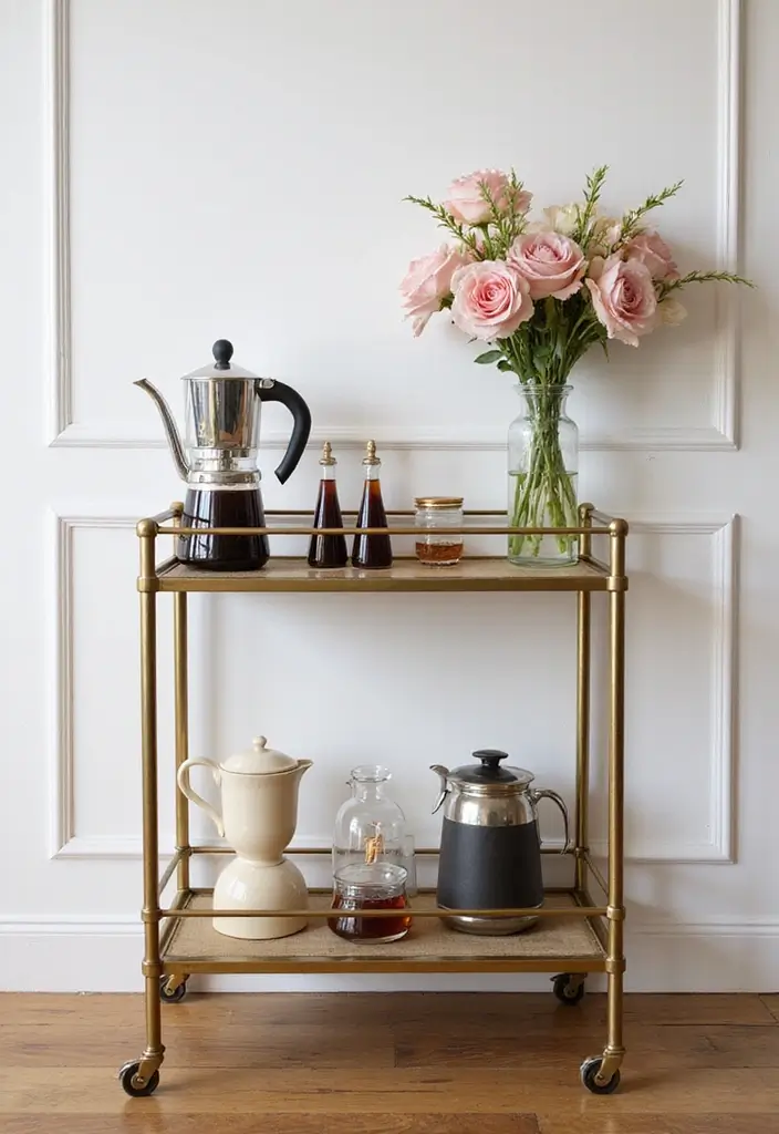 26 Modern Coffee Bar Ideas That Add a Cozy Vibe - 10. Elegant Bar Cart Display