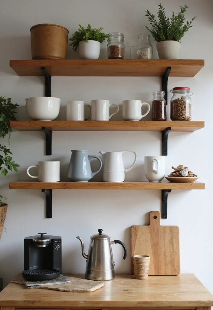26 Modern Coffee Bar Ideas That Add a Cozy Vibe - 13. Open Shelving Display