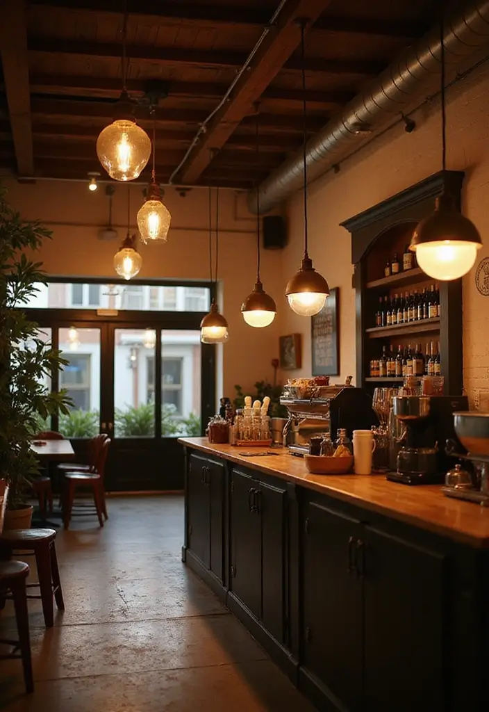 26 Modern Coffee Bar Ideas That Add a Cozy Vibe - 22. Statement Lighting Fixtures