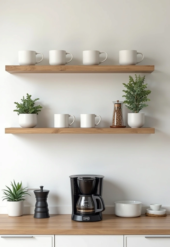 26 Modern Coffee Bar Ideas That Add a Cozy Vibe - 6. Floating Shelves for Coffee Essentials