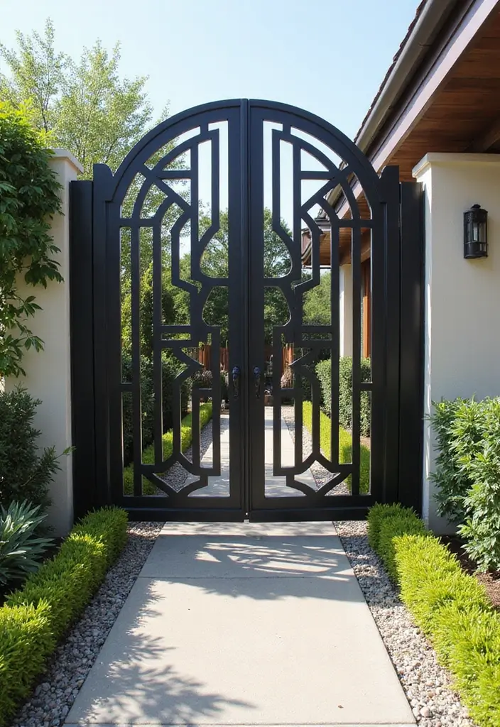 26 Modern Iron Gate Designs That Redefine Curb Appeal 3 26 Modern Iron Gate Designs That Redefine Curb Appeal - 3. Geometric Patterns