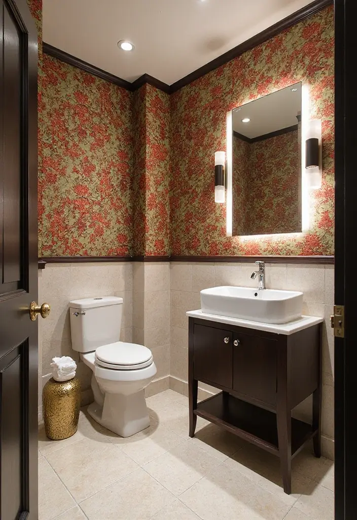 26 Modern Powder Room Inspirations That Wow Guests - 1. Bold Wallpaper for a Chic Vibe