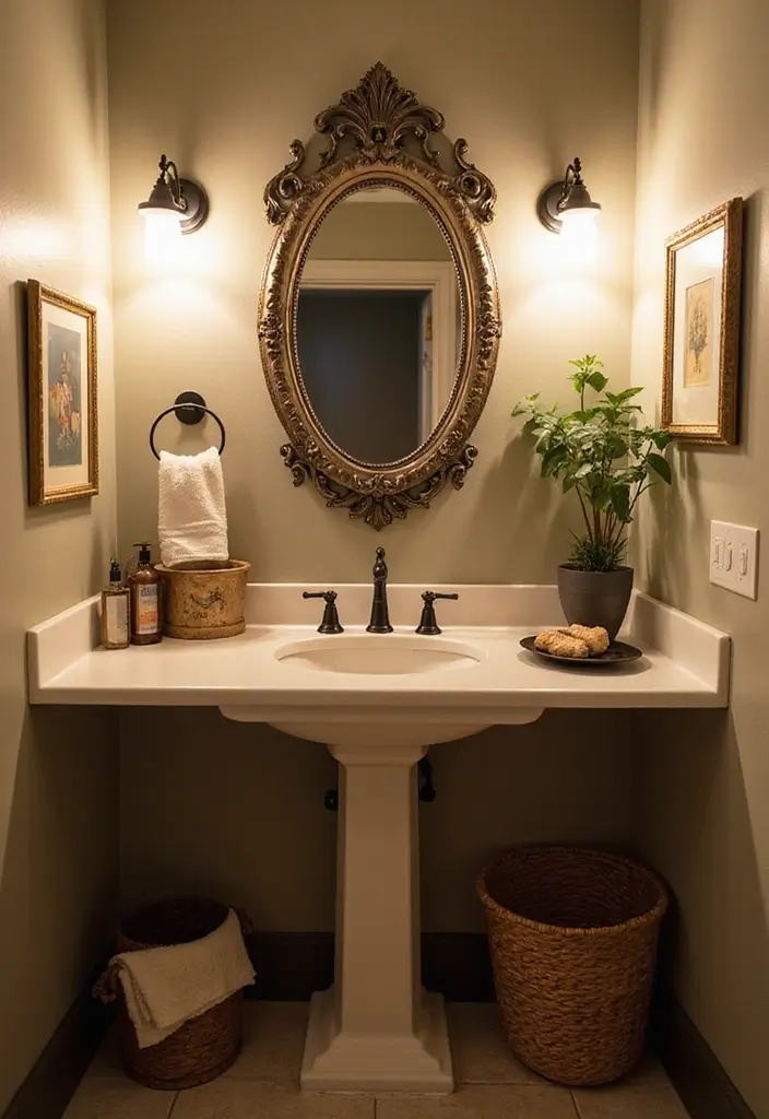 26 Modern Powder Room Inspirations That Wow Guests - 10. Vintage Touches for Character