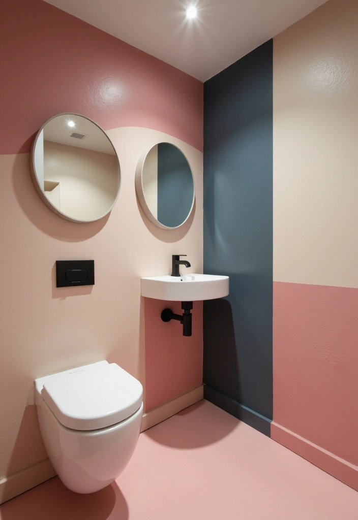 26 Modern Powder Room Inspirations That Wow Guests - 12. Color Blocking for a Trendy Look