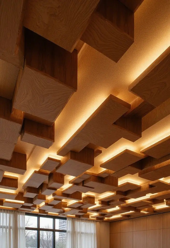27 Ceiling Design Modern Looks That Elevate Any Room 1 27 Ceiling Design Modern Looks That Elevate Any Room - 1. Geometric Wooden Panels