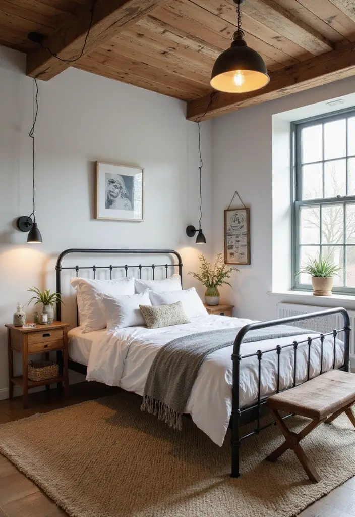 27 Modern Farmhouse Bedroom Designs That Mix Rustic with Chic 11 27 Modern Farmhouse Bedroom Designs That Mix Rustic with Chic - 11. Subtle Industrial Touches