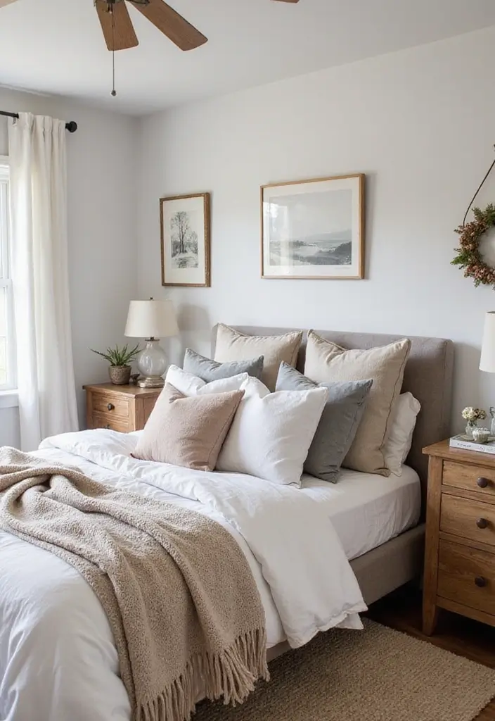 27 Modern Farmhouse Bedroom Designs That Mix Rustic with Chic 22 27 Modern Farmhouse Bedroom Designs That Mix Rustic with Chic - 22. Cozy Throws and Pillows