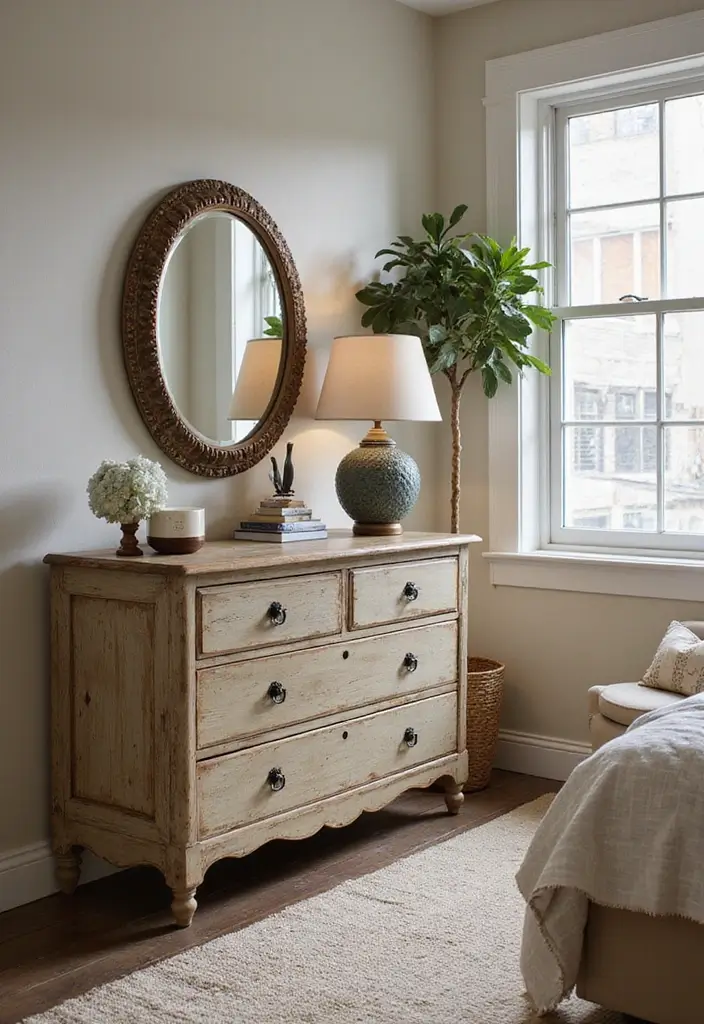 27 Modern Farmhouse Bedroom Designs That Mix Rustic with Chic 3 27 Modern Farmhouse Bedroom Designs That Mix Rustic with Chic - 3. Vintage-Inspired Furniture