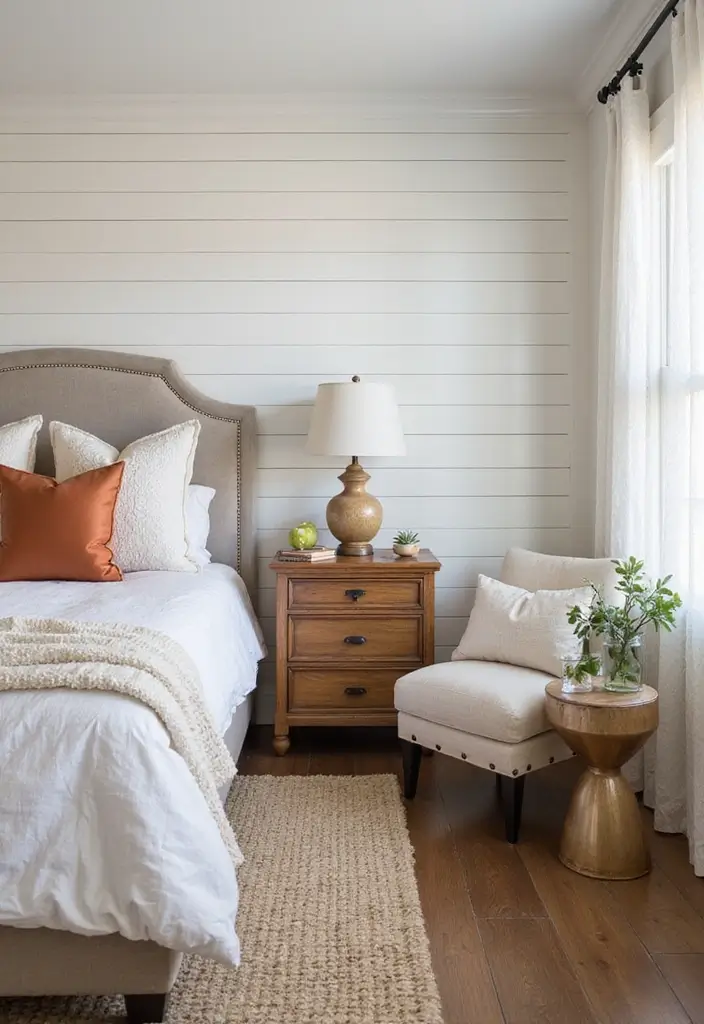 27 Modern Farmhouse Bedroom Designs That Mix Rustic with Chic 4 27 Modern Farmhouse Bedroom Designs That Mix Rustic with Chic - 4. Shiplap Accent Walls