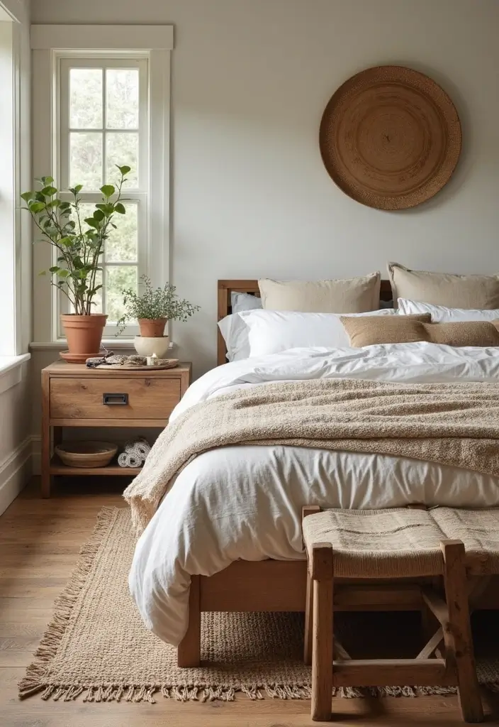 27 Modern Farmhouse Bedroom Designs That Mix Rustic with Chic 9 27 Modern Farmhouse Bedroom Designs That Mix Rustic with Chic - 9. Earthy Textures and Materials