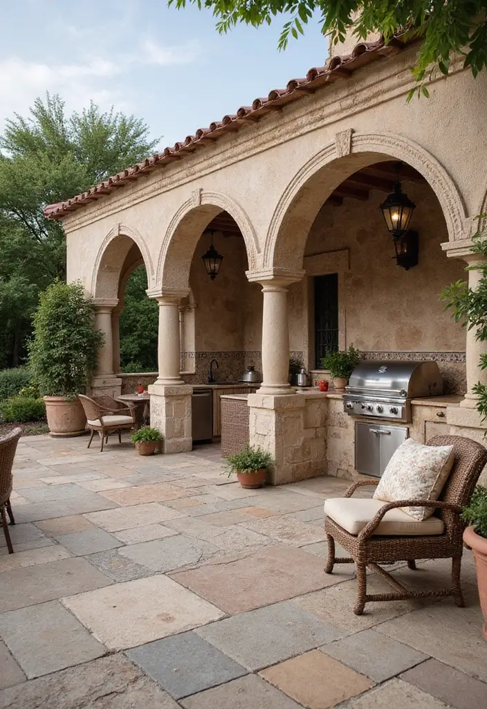27 Modern Outdoor Kitchen Designs Perfect for Gatherings 11 27 Modern Outdoor Kitchen Designs Perfect for Gatherings - 11. Mediterranean Magic: The Classic Stone Kitchen