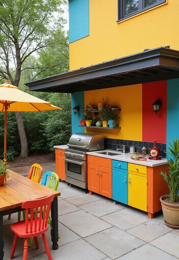 27 Modern Outdoor Kitchen Designs Perfect for Gatherings 16 27 Modern Outdoor Kitchen Designs Perfect for Gatherings - 16. Bold Statements: The Color-Blocked Kitchen