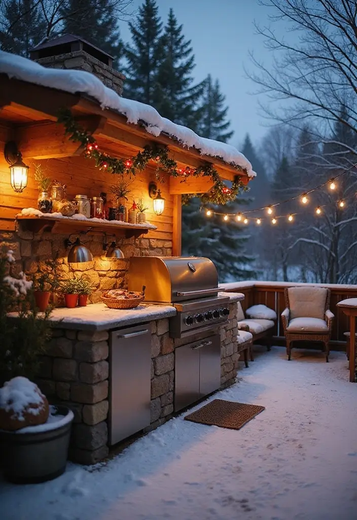 27 Modern Outdoor Kitchen Designs Perfect for Gatherings 23 27 Modern Outdoor Kitchen Designs Perfect for Gatherings - 23. Winter Wonderland: The Cozy Outdoor Kitchen