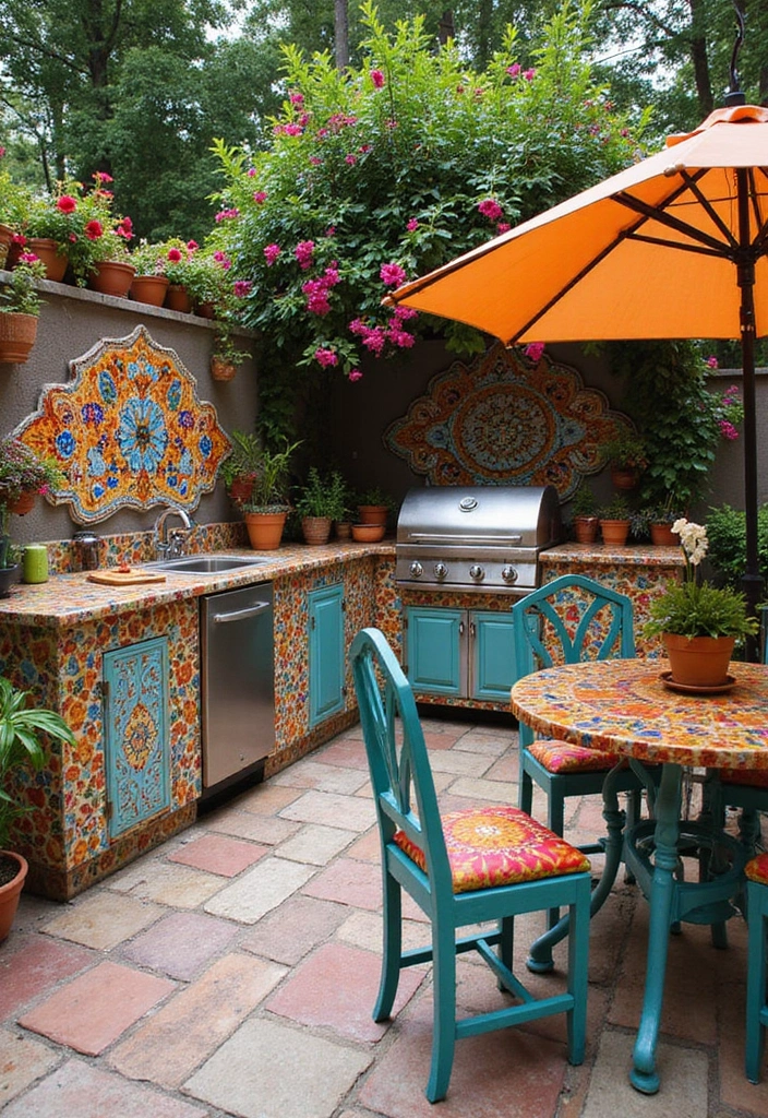 27 Modern Outdoor Kitchen Designs Perfect for Gatherings 9 27 Modern Outdoor Kitchen Designs Perfect for Gatherings - 9. Artistic Vibes: The Colorful Mosaic Kitchen