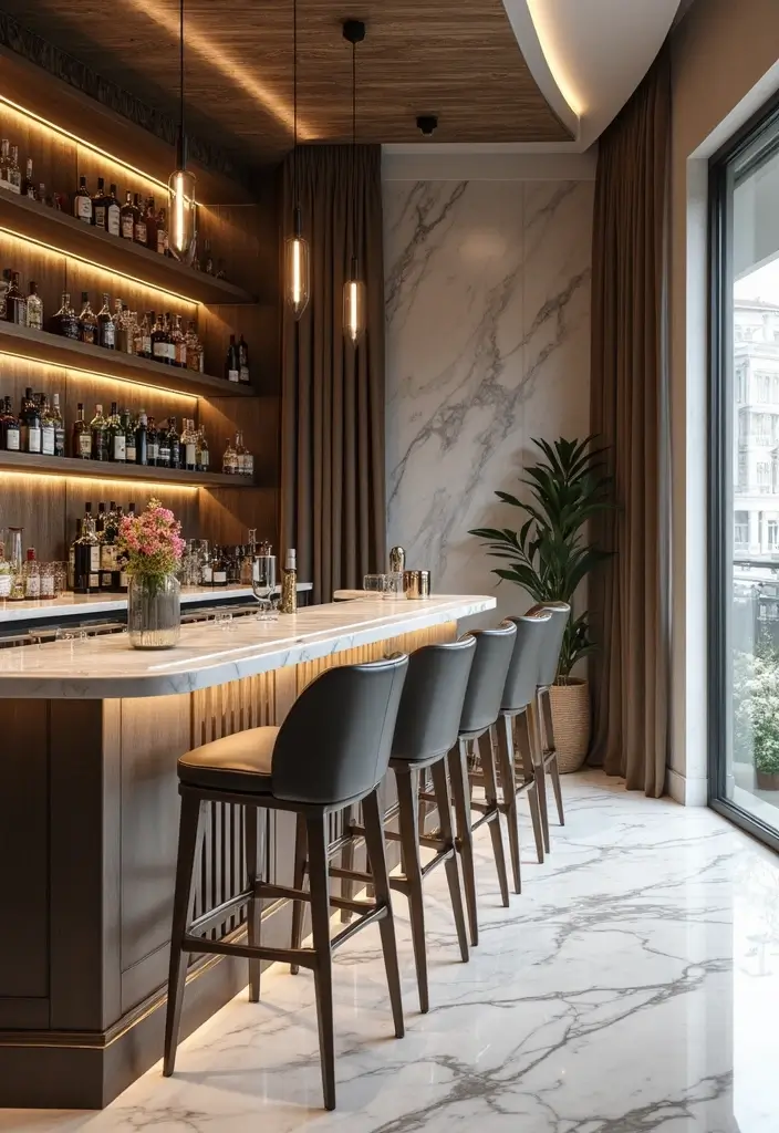 28 Modern Home Bar Inspirations Perfect for Entertaining 16 28 Modern Home Bar Inspirations Perfect for Entertaining - 16. Elegant Marble Accents