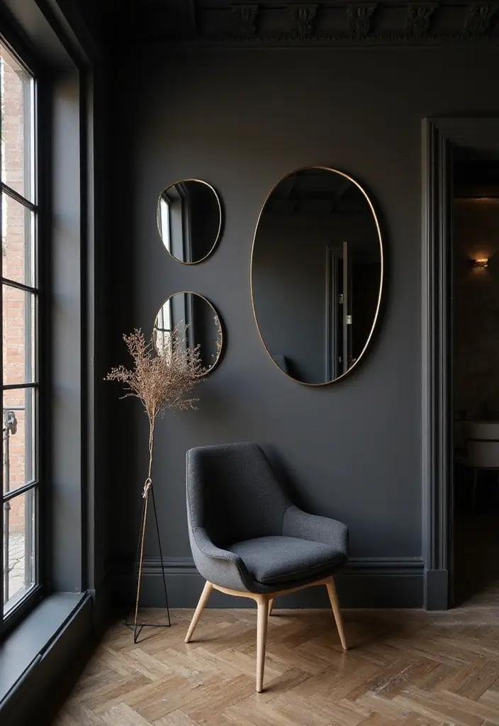 30+ Dark Modern Interior Ideas for Bold and Sophisticated Homes 24 30+ Dark Modern Interior Ideas for Bold and Sophisticated Homes - 24. Artistic Mirrors