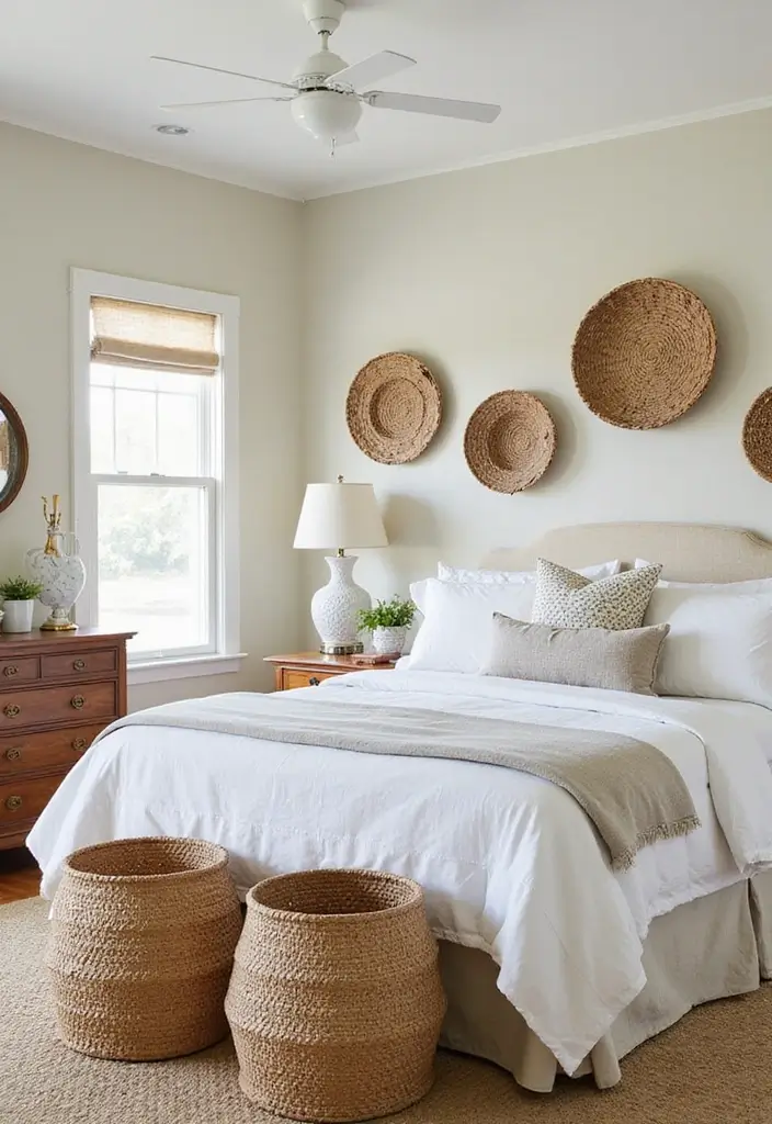 30+ Modern Coastal Bedroom Ideas That Feel Relaxed and Chic 14 30+ Modern Coastal Bedroom Ideas That Feel Relaxed and Chic - 14. Seagrass Baskets
