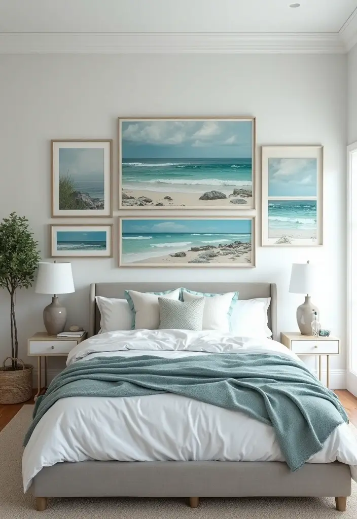 30+ Modern Coastal Bedroom Ideas That Feel Relaxed and Chic 4 30+ Modern Coastal Bedroom Ideas That Feel Relaxed and Chic - 4. Beach-Inspired Wall Art