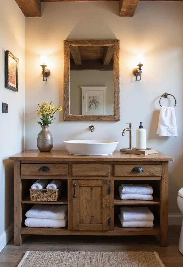 30+ Modern Farmhouse Bathroom Ideas That Balance Cozy and Sleek 1 30+ Modern Farmhouse Bathroom Ideas That Balance Cozy and Sleek - 1. Rustic Wooden Vanity