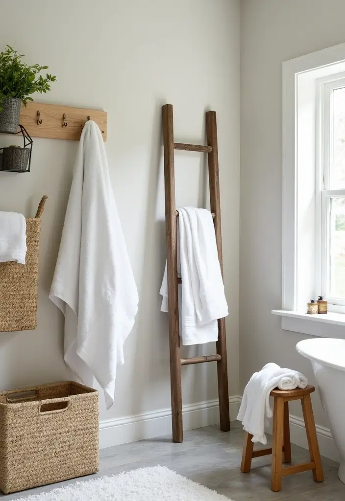 30+ Modern Farmhouse Bathroom Ideas That Balance Cozy and Sleek 17 30+ Modern Farmhouse Bathroom Ideas That Balance Cozy and Sleek - 17. Unique Towel Displays