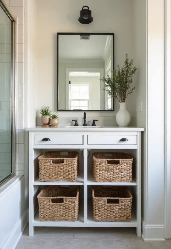 30+ Modern Farmhouse Bathroom Ideas That Balance Cozy and Sleek 21 30+ Modern Farmhouse Bathroom Ideas That Balance Cozy and Sleek - 21. Elegant Storage Baskets