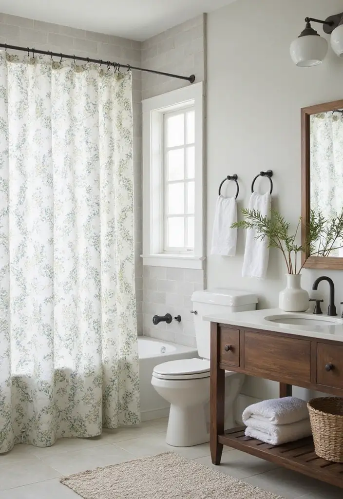 30+ Modern Farmhouse Bathroom Ideas That Balance Cozy and Sleek 22 30+ Modern Farmhouse Bathroom Ideas That Balance Cozy and Sleek - 22. Chic Shower Curtains