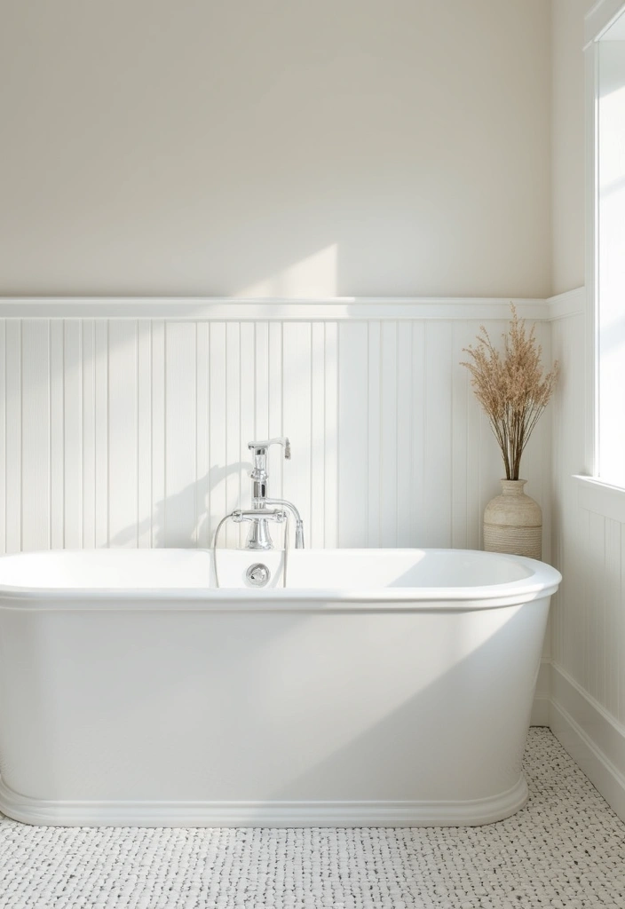 30+ Modern Farmhouse Bathroom Ideas That Balance Cozy and Sleek 24 30+ Modern Farmhouse Bathroom Ideas That Balance Cozy and Sleek - 24. Elegant Wainscoting
