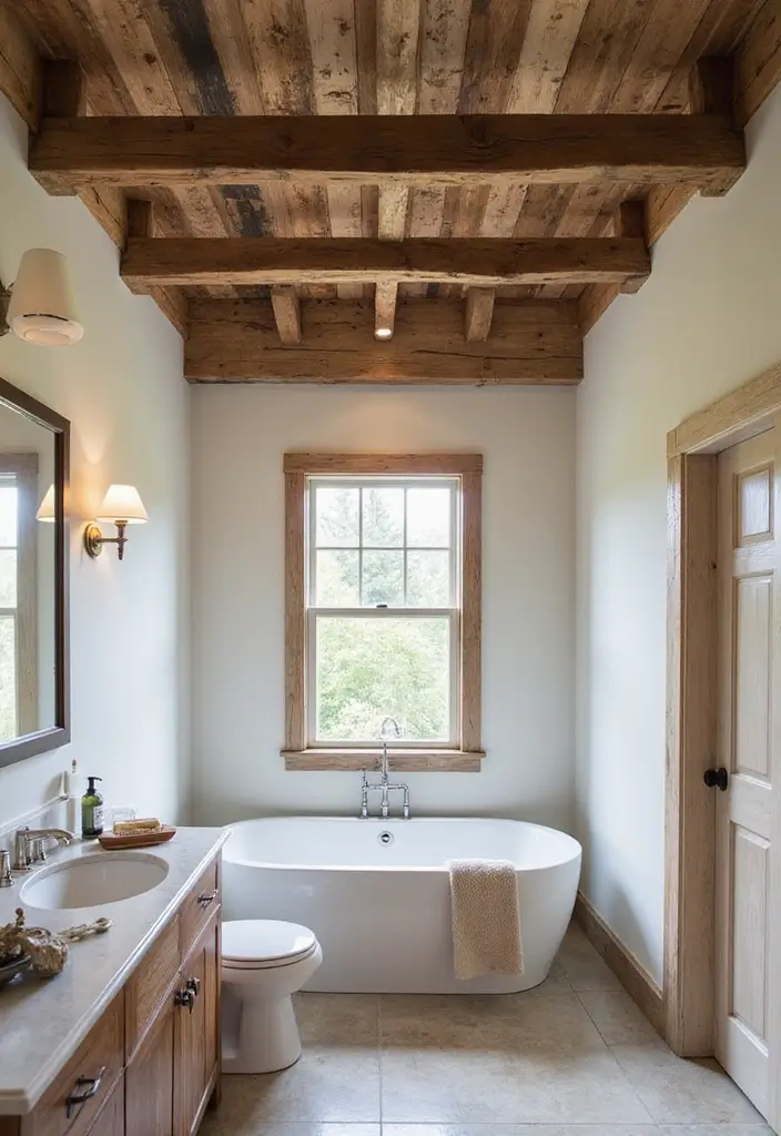 30+ Modern Farmhouse Bathroom Ideas That Balance Cozy and Sleek 27 30+ Modern Farmhouse Bathroom Ideas That Balance Cozy and Sleek - 27. Rustic Ceiling Beams