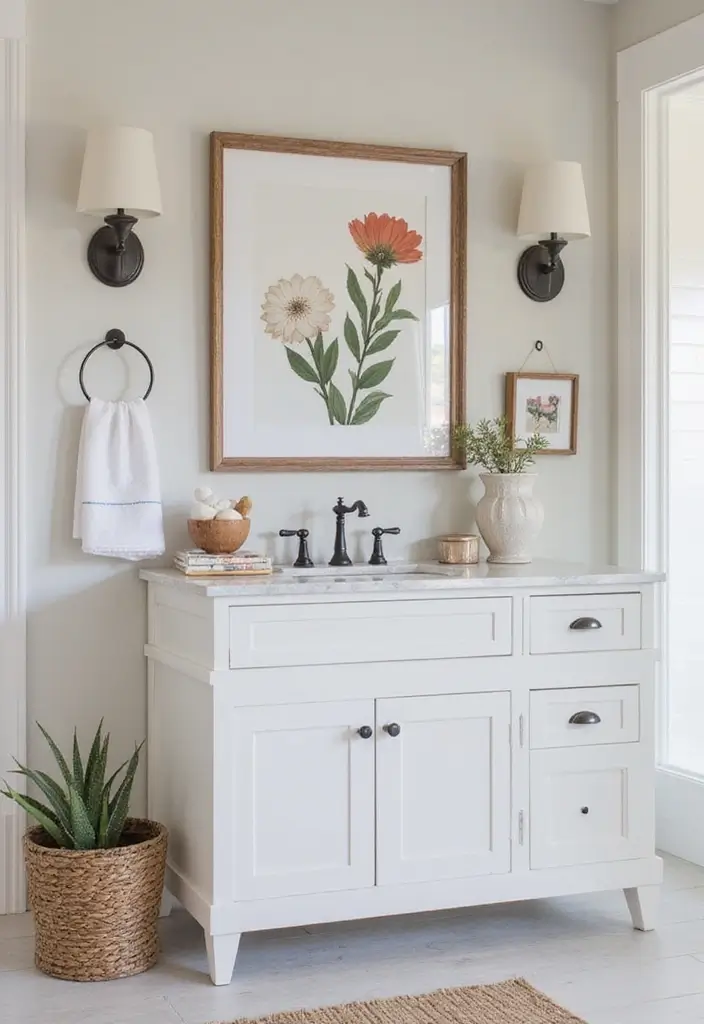 30+ Modern Farmhouse Bathroom Ideas That Balance Cozy and Sleek 30 30+ Modern Farmhouse Bathroom Ideas That Balance Cozy and Sleek - 30. Beautifully Framed Art