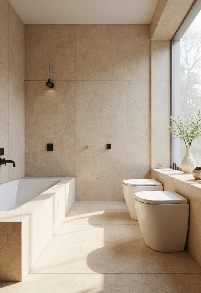 10 Beige Tile Bathroom Ideas for Calm Elegant Spaces 96 10 Beige Tile Bathroom Ideas for Calm Elegant Spaces - 10. Beige Terrazzo Wall Panels