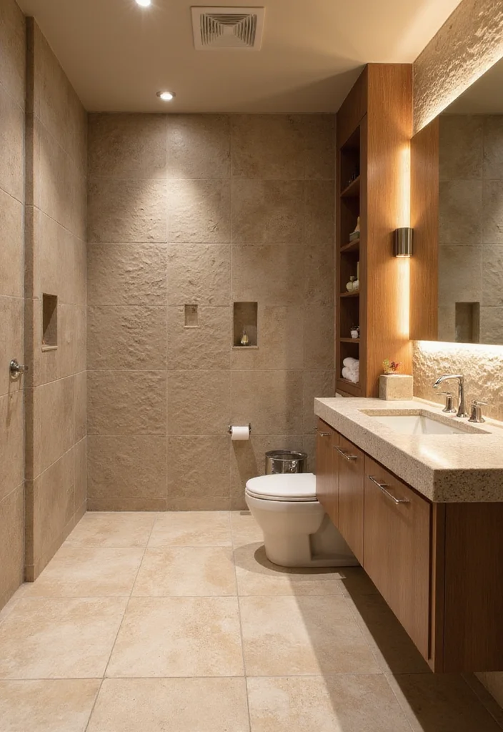 10 Beige Tile Bathroom Ideas for Calm Elegant Spaces 12 10 Beige Tile Bathroom Ideas for Calm Elegant Spaces - 2. Textured Beige Stone Tiles