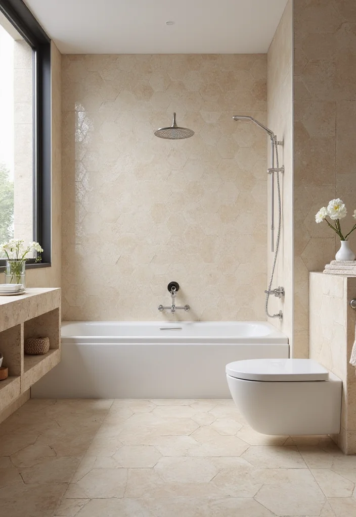 10 Beige Tile Bathroom Ideas for Calm Elegant Spaces 23 10 Beige Tile Bathroom Ideas for Calm Elegant Spaces - 3. Elegant Hexagonal Tiles