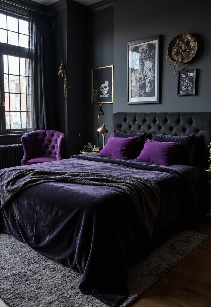 10 Black and Purple Bedroom Ideas with Bold Modern Contrast - 1. Gothic Elegance with Velvet Accents