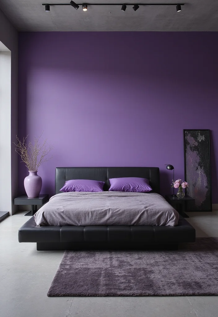10 Black and Purple Bedroom Ideas with Bold Modern Contrast - 2. Modern Minimalism Meets Bold Colors