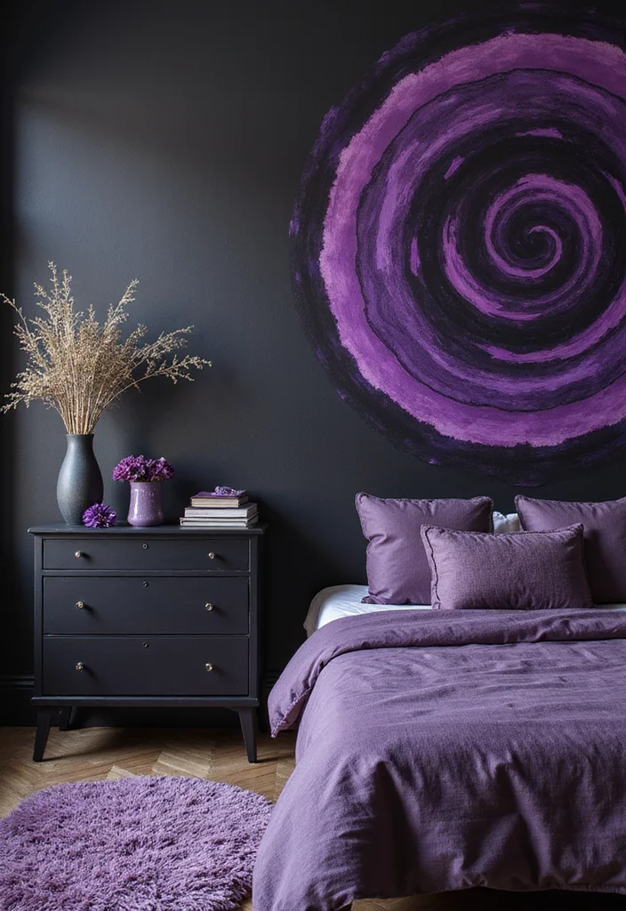 10 Black and Purple Bedroom Ideas with Bold Modern Contrast - 3. Artistic Expression through Wall Murals