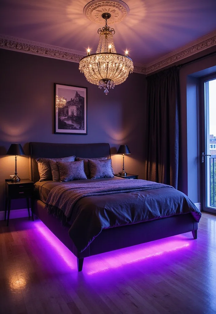 10 Black and Purple Bedroom Ideas with Bold Modern Contrast - 4. Luxe Lighting for Dramatic Flair
