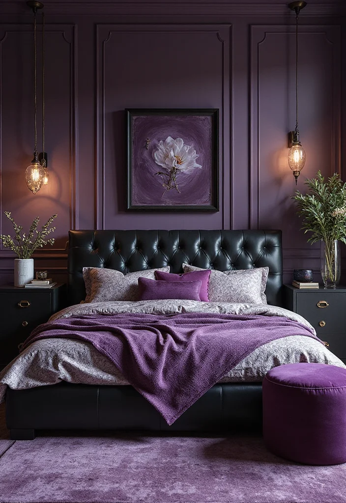 10 Black and Purple Bedroom Ideas with Bold Modern Contrast - 5. Mixed Materials for Textural Interest