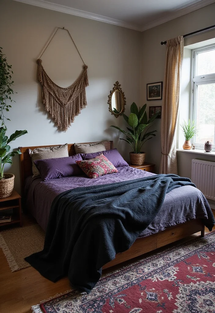 10 Black and Purple Bedroom Ideas with Bold Modern Contrast - 7. Bohemian Vibes with Black and Purple