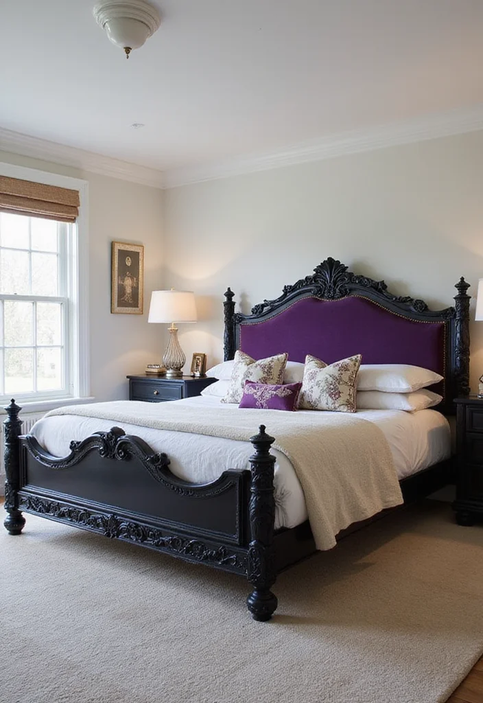 10 Black and Purple Bedroom Ideas with Bold Modern Contrast - 8. Statement Furniture Pieces