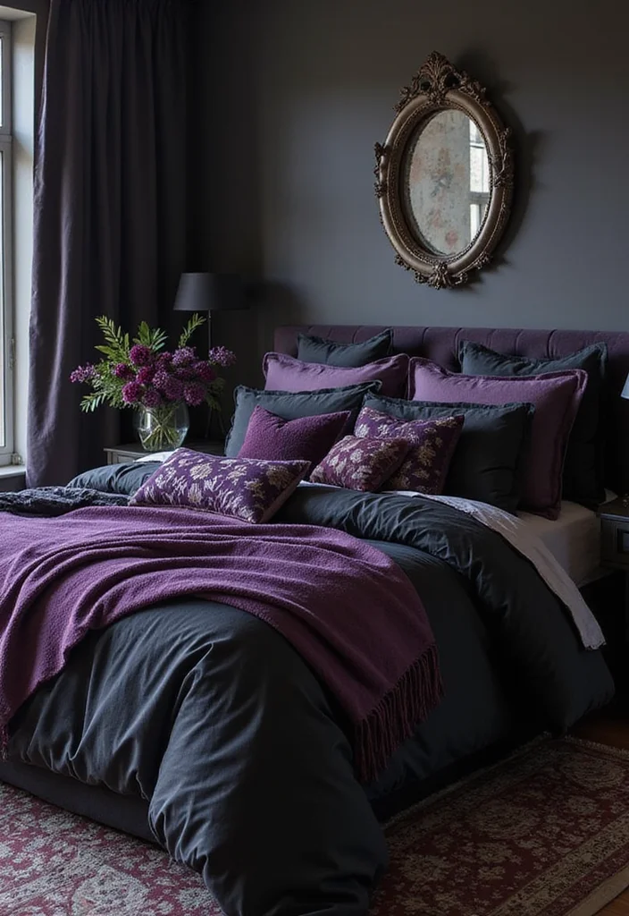10 Black and Purple Bedroom Ideas with Bold Modern Contrast - 9. Luxurious Bedding Layering