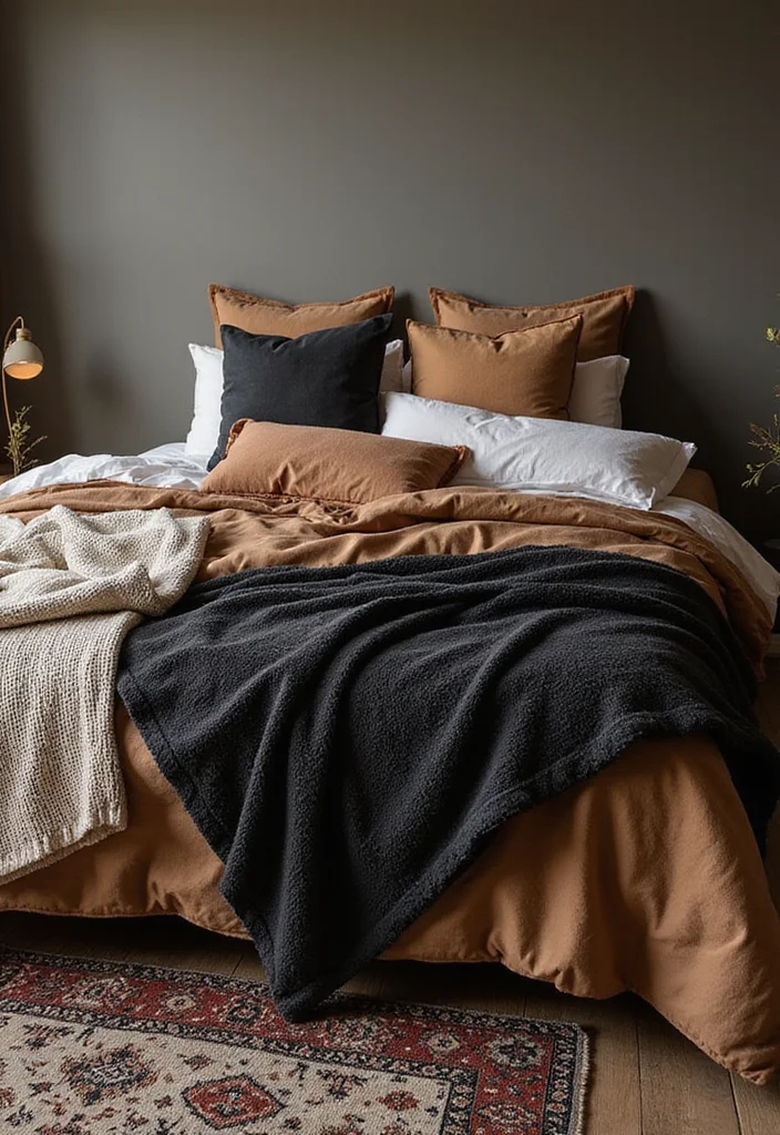 10 Brown and Black Bedroom Ideas for Warm Masculine Style - 4. Earthy Textiles & Layering