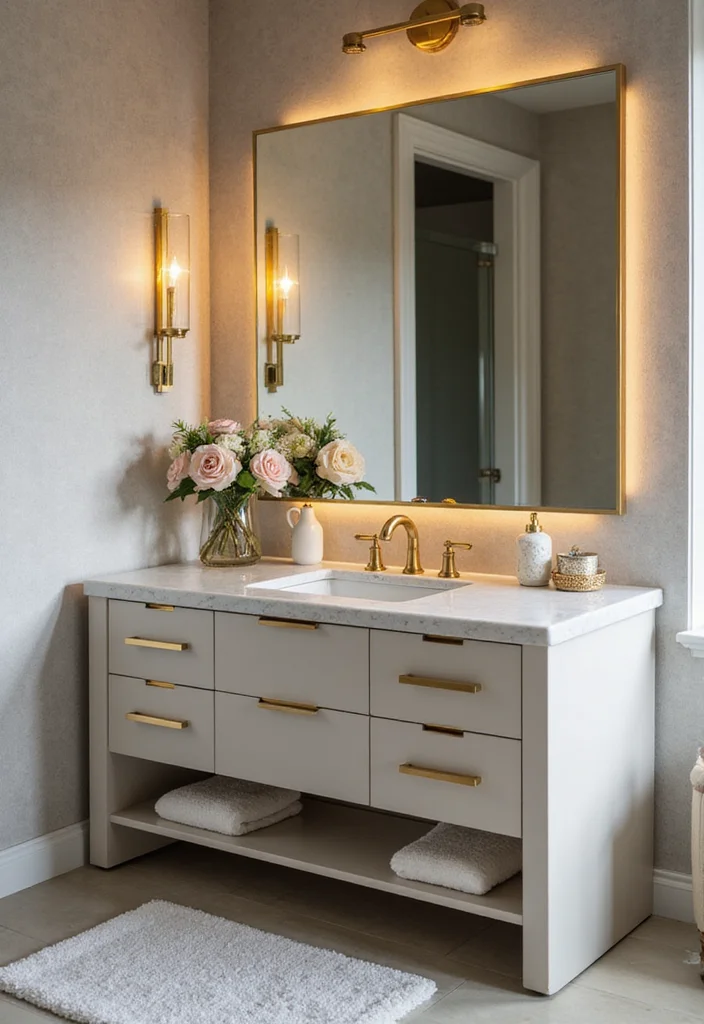 10 Corner Bathroom Vanity Ideas to Maximize Small Spaces 23 10 Corner Bathroom Vanity Ideas to Maximize Small Spaces - 3. Glamorous Gold Accents