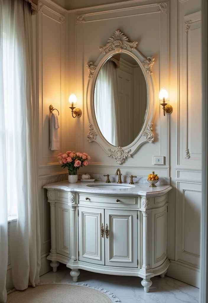 10 Corner Bathroom Vanity Ideas to Maximize Small Spaces 45 10 Corner Bathroom Vanity Ideas to Maximize Small Spaces - 5. Elegant Vintage Style