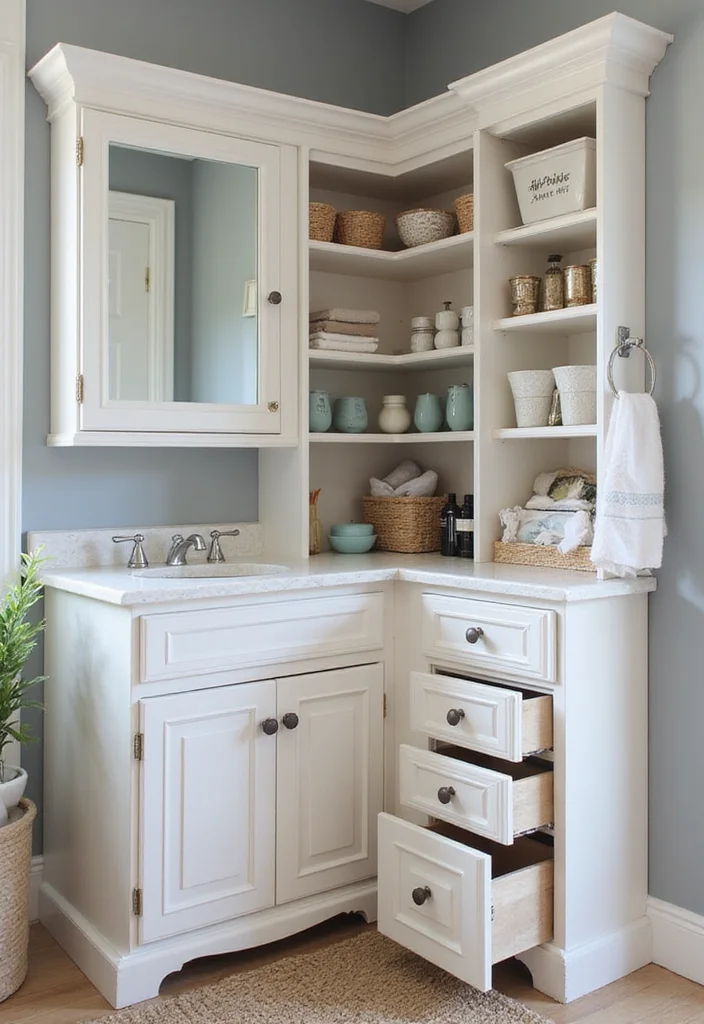 10 Corner Bathroom Vanity Ideas to Maximize Small Spaces 56 10 Corner Bathroom Vanity Ideas to Maximize Small Spaces - 6. Integrated Storage Solutions