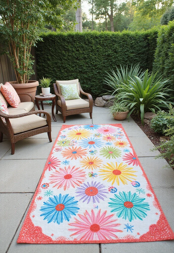 12 Backyard Decorating Ideas DIY for Budget Upgrades - 7. DIY Outdoor Rugs with Stencils