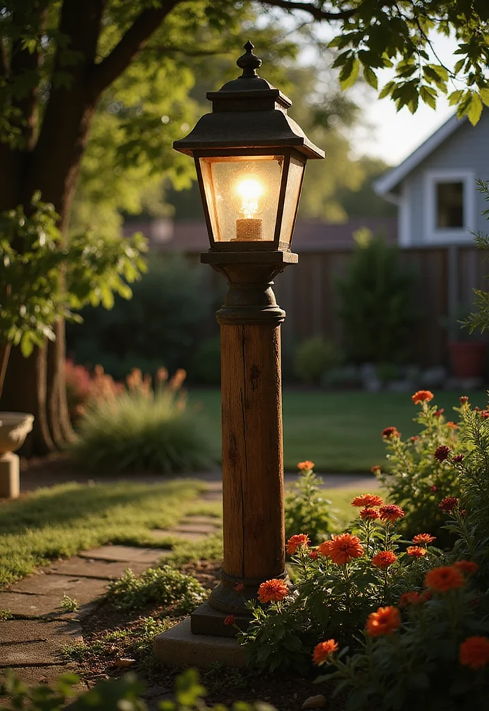 12 Backyard Lamp Post Ideas for Cozy Evening Lighting - 1. Rustic Wooden Post with Lantern