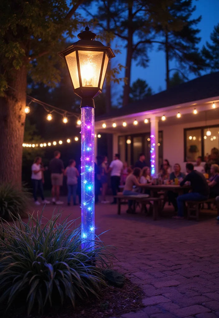 12 Backyard Lamp Post Ideas for Cozy Evening Lighting - 10. Color-Changing LED Lamp Posts