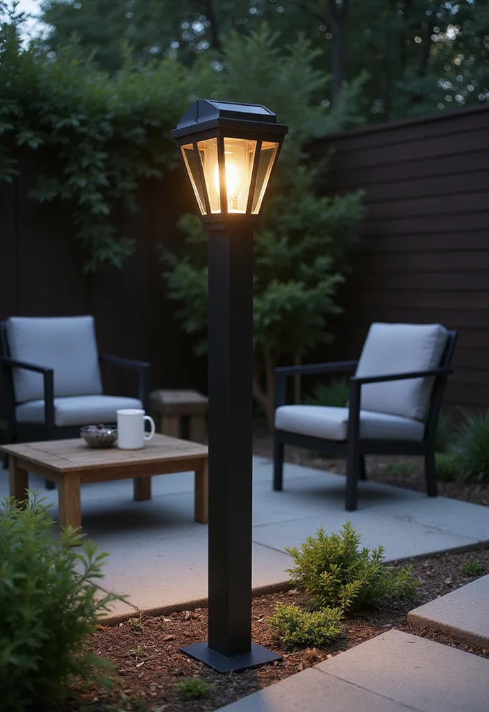 12 Backyard Lamp Post Ideas for Cozy Evening Lighting - 2. Modern Minimalist Solar Post