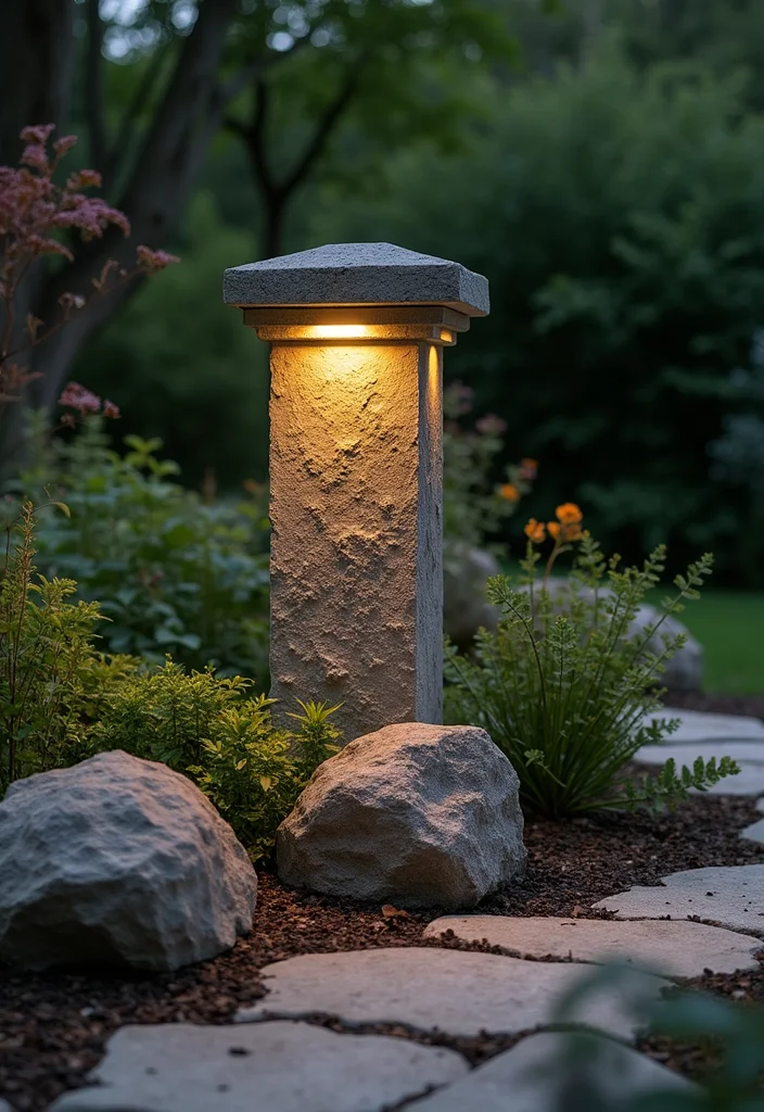 12 Backyard Lamp Post Ideas for Cozy Evening Lighting - 5. Stone Pillar with Integrated Lighting