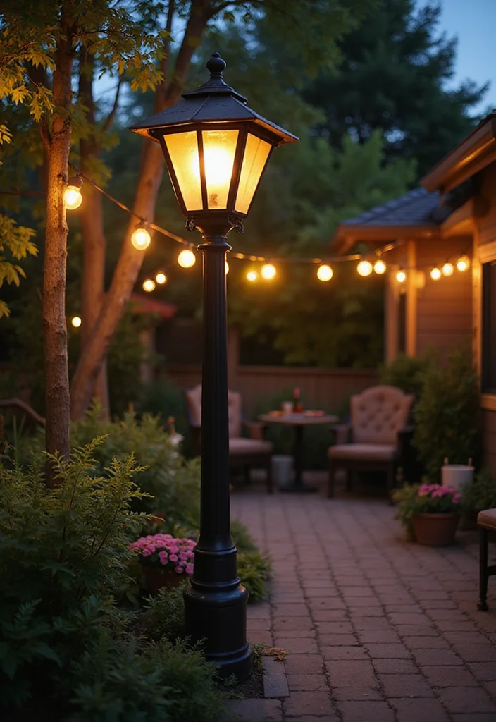 12 Backyard Lamp Post Ideas for Cozy Evening Lighting - 7. Lantern-Style Post with Hanging Lights